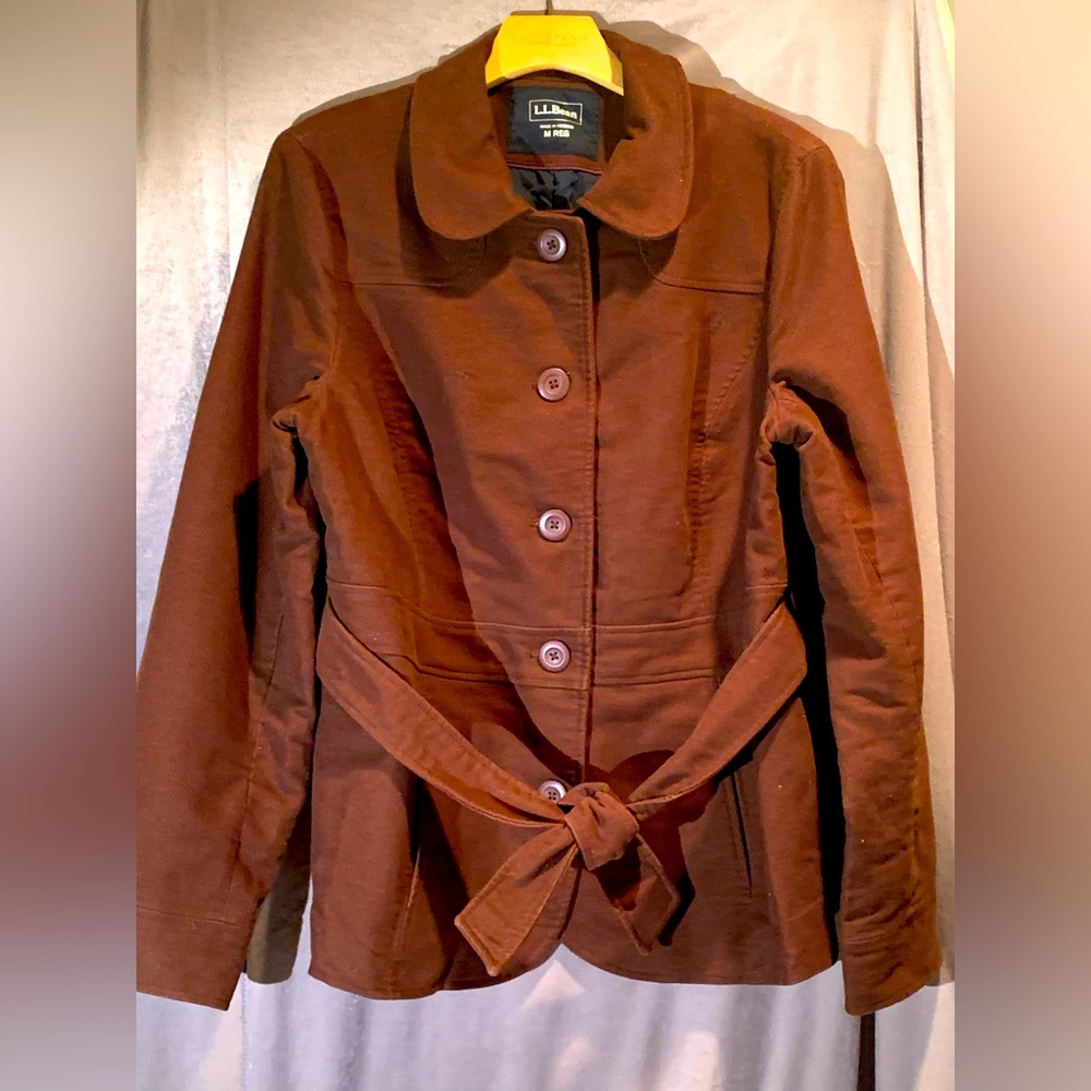 LL Bean coat with belted waist Brown Flannel like cotton size M